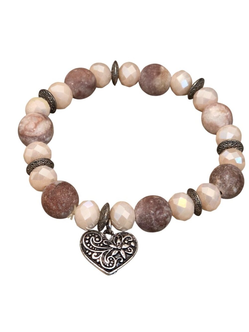 Pink Agate Beaded Silver Tone Heart Charm Stretch Bracelet